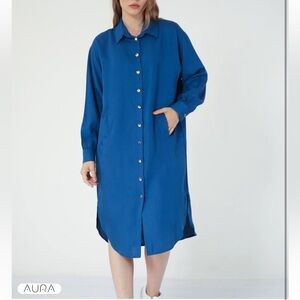 Aura The Label Double Gauze Royal Blue Button Down Midi Shirt Dress New Sz S